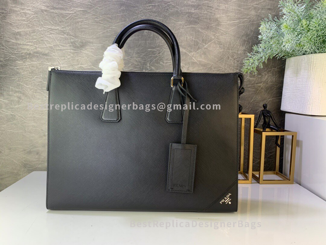 Prada Saffiano Leather Briefcase With Black Metal Logo Detail In The Top Corner SHW 039